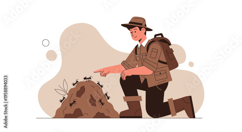 Adventurous Zoologist Investigating Ant Colony Behavior Outdoors
