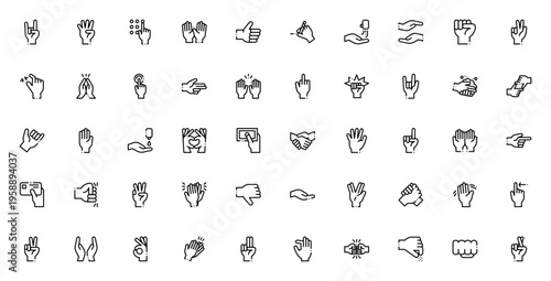 Hand gestures icon set. Vector symbol collection for communication, interaction, and expression. Includes thumbs up, heart, stop, wave, high five, peace, fist, and more. Editable line icons.