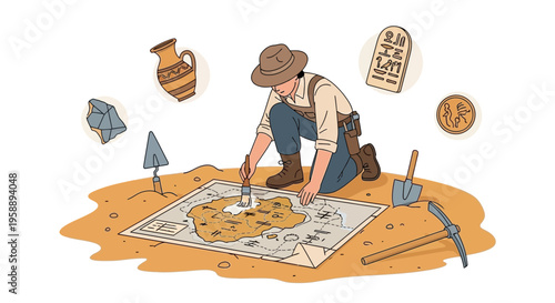 Archaeologist Uncovering Ancient Discoveries Using Map And Tools