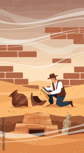 Archaeologist Unearthing Ancient Artifacts In Desert Excavation Site