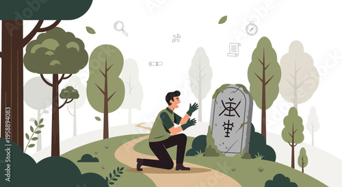 Archeological Discovery Of Ancient Runes In A Forest Setting