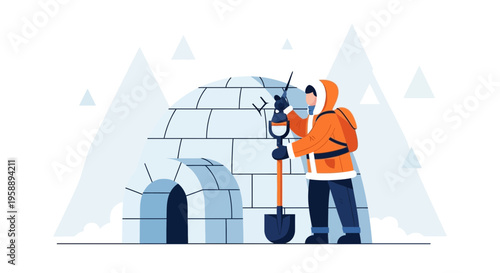 Arctic Dweller Constructing Igloo In Snowy Mountain Landscape