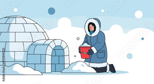 Arctic Dweller Constructing Traditional Igloo Home In Snowy Landscape