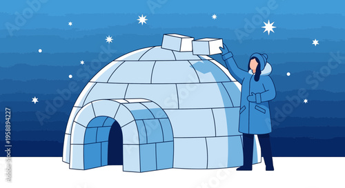 Arctic Dweller Constructing Snow Shelter Under Starry Night Sky