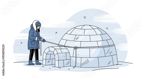 Arctic Dweller Building Igloo Structure in Snowy Landscape