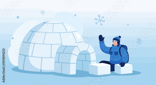 Arctic Dweller Constructing Igloo Amidst Gentle Snowfall