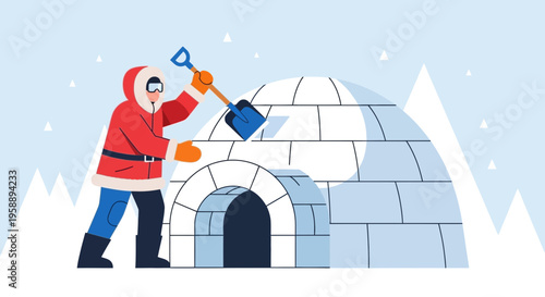 Arctic Dweller Constructing Snow Shelter