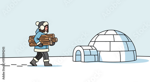 Arctic Dweller Gathers Firewood For Igloo Shelter Winter Survival