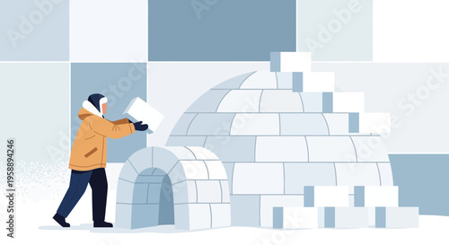 Arctic Dweller Constructing Igloo Winter Shelter Skillful Ice Block Assembly Outdoor Activity