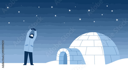 Arctic Dweller Gazing At Starry Night Sky Beside Igloo