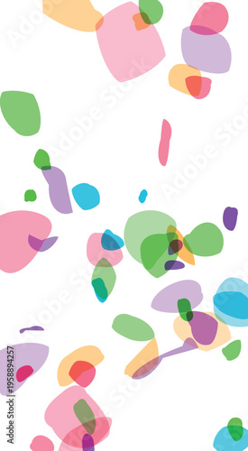 A dynamic abstract pattern featuring overlapping translucent organic shapes in various pastel colors scattered across a white background representing a modern design element