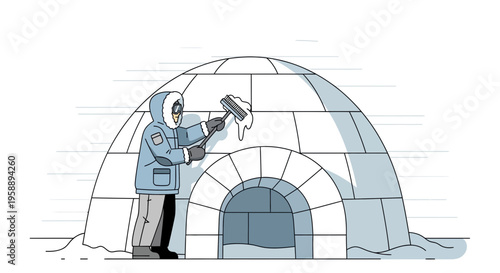 Arctic Dweller Maintaining Igloo With Brush In Snowy Landscape