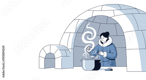 Arctic Dweller Preparing Warm Meal Inside Snow Igloo Shelter