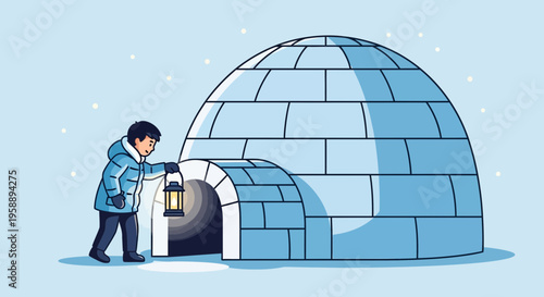 Arctic Dweller With Lantern Approaching Cozy Igloo Home