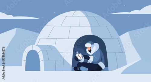 Arctic Dweller With Compass Inside Igloo Illustration