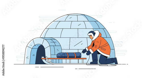 Arctic Dweller Securing Supplies At Igloo Entrance