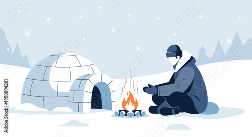 Arctic Dweller Warming By Campfire Next To Igloo Minimalist Illustration
