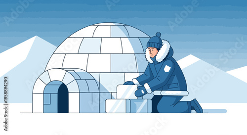 Arctic Dwelling Construction Arctic Dweller Building Traditional Igloo Shelter In Winter Environment
