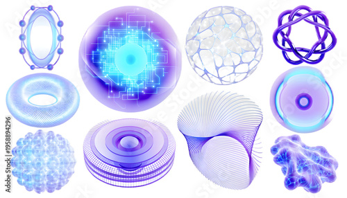 Advanced 3D quantum computing icons with glowing circuit structures. High-tech visuals isolated on transparent background for innovation, research and futuristic tech branding.