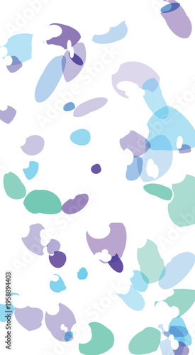 Abstract organic shapes and blobs in pastel blue purple and green tones scattered across a clean white background creating a playful and organic visual pattern
