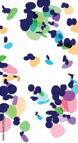 Abstract organic shapes and dots in various pastel and deep blue colors creating a dynamic and playful visual pattern isolated on a white background