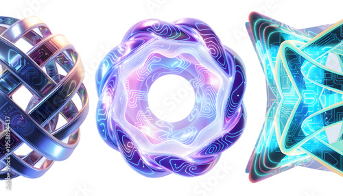 Advanced 3D quantum computing icons with glowing circuit structures. High-tech visuals isolated on transparent background for innovation, research and futuristic tech branding.