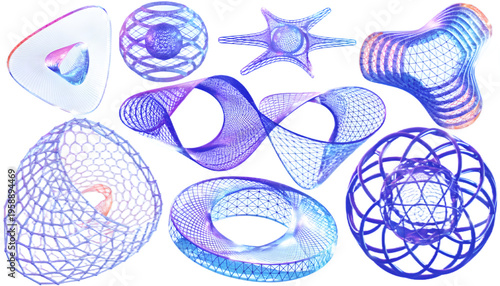 Advanced 3D quantum computing icons with glowing circuit structures. High-tech visuals isolated on transparent background for innovation, research and futuristic tech branding.