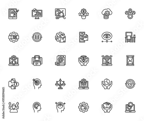 Productivity icon set. Vector symbols for work efficiency including data analysis, cloud storage, CRM, automation, time management and focus. Editable stroke.