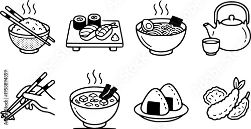 Minimalist japanese food icons close up chopsticks steaming rice bowl sushi platter ramen bowl teapot flat vector art black white