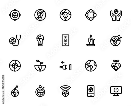 Earth Hour icon set. Minimal line vector icons pack featuring connection, no light, happy, united, take care, candle, light bulb, switch off, earth hour and more. Editable stroke.