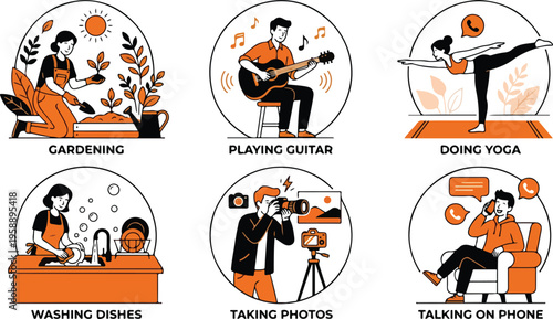 Set of vector illustrations depicting various hobbies and leisure activities people enjoy