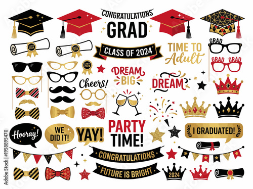 Graduation Party Photo Booth Props Vector Set Black Gold Red Celebration Elements