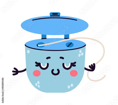 Dental floss vector illustration. Cute smiling character, container with silk floss thread. Funny mascot, cleaning between teeth after eating. Oral hygiene. Hand drawn clip art for kids, medicine