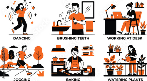 Set of flat vector illustrations depicting various daily life activities and hobbies for a healthy lifestyle