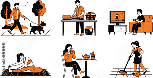 Everyday life activities walking a dog, laundry, watching TV, yoga, drinking tea, and cleaning