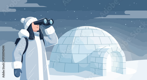 Arctic Explorer Observing Igloo Under Starry Night Sky
