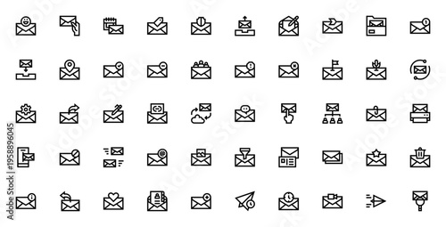Email icon set. Minimal vector icons pack for communication. Includes symbols for mail, send, attach, inbox, spam, notification, download, and more. Editable stroke.