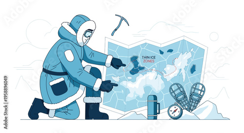 Arctic Explorer Planning Expedition Over Thin Ice Zones Map