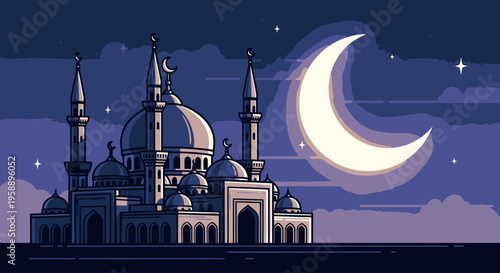 Mosque at Night with Crescent Moon and Stars