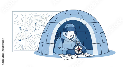 Arctic Explorer Plans Route Inside Igloo With Compass And Map