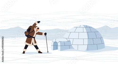 Arctic Explorer Reaches Igloo Shelter Amidst Snow Landscape