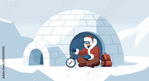 Arctic Explorer Seeking Direction Near Igloo Safe Haven