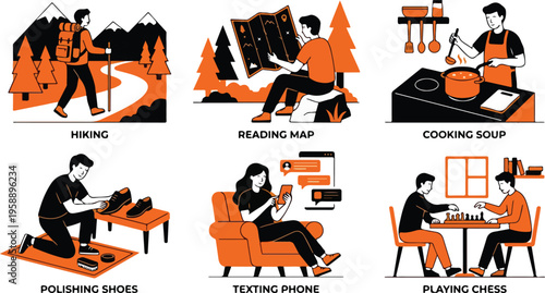 Set of various leisure activities and hobbies including hiking, map reading, cooking, and playing games