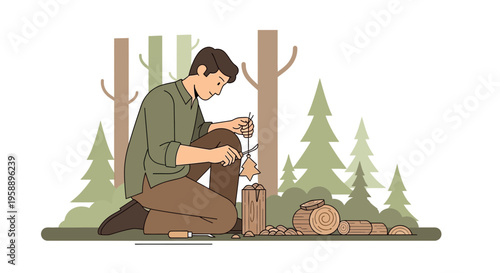 Artisan Carving Woodland Ornaments In A Forest Setting