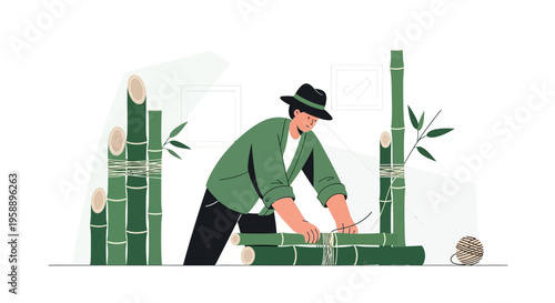 Artisan Crafting Natural Structures With Bamboo Poles Skillfully
