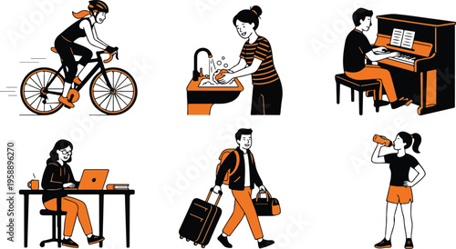 Set of diverse daily activities including cycling, washing hands, playing piano, working, traveling, and drinking