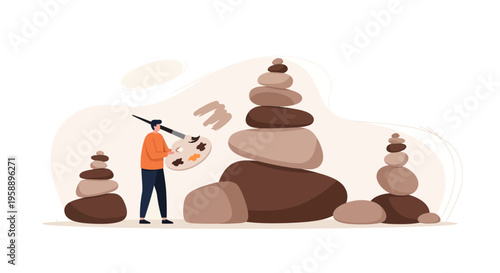 Artist Creates Balanced Stone Structures with Palette and Brush