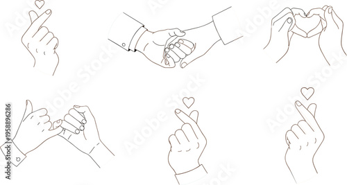 Hand Gesture Line Art Set Featuring Love Sign, Finger Heart, Handshake and Heart Shape Hands for Romantic Expression Design
