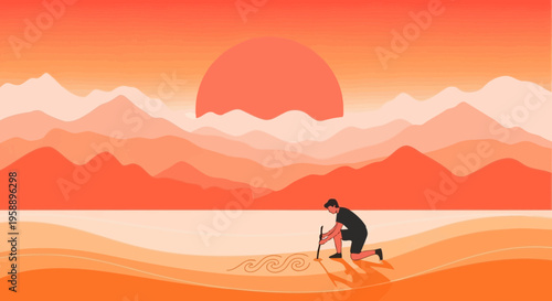 Artist Creates Ocean Waves On Sandy Beach At Sunset