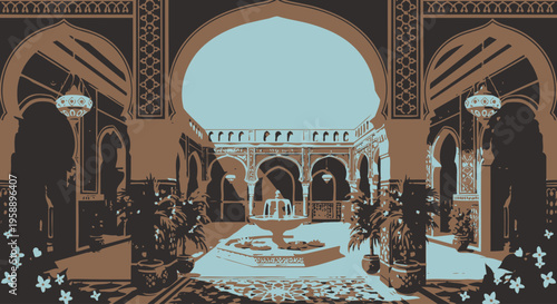 Ornate Courtyard Interior with Arches and Fountain